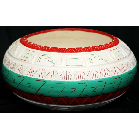 Hand Painted Ceramic Bowl Vase Indian Geometric White Green Red Striped Native - Picture 5 of 9